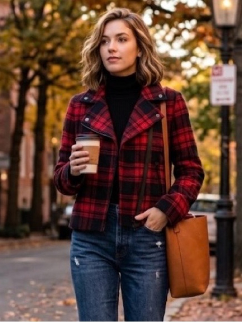 NWOT- GAP Red & Black Plaid Moto Jacket | Asymmetrical Zip Wool Blend Coat